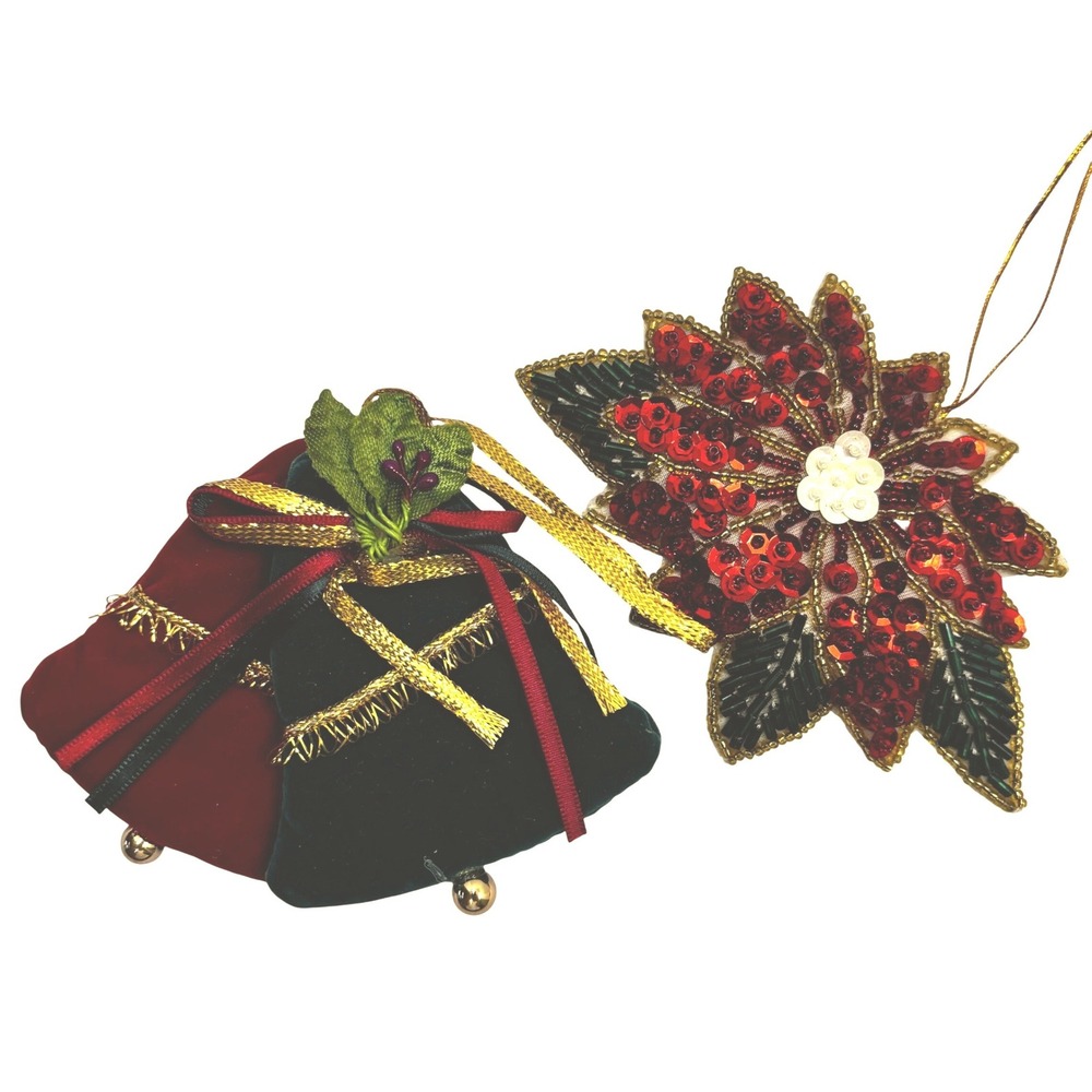 Vtg Christmas Ornaments Beaded Poinsettia and Velvet Bells Set of‎ 2 Red Green